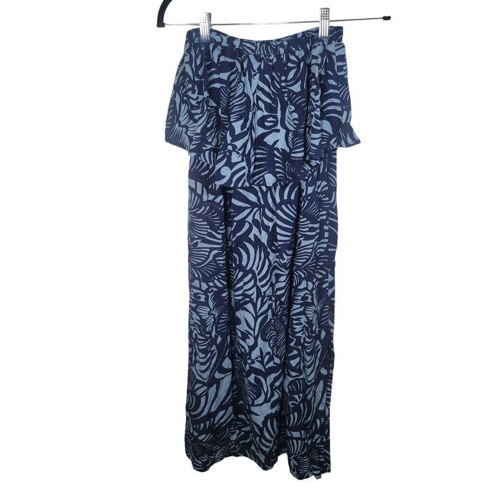 Santiki Women Blue Tropical Rayon Print Off-Shoulder Maxi Dress Size M